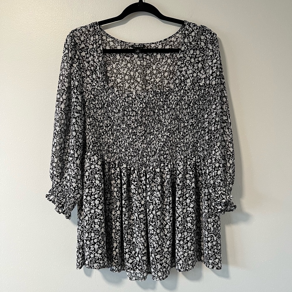 Torrid Floral Chiffon Smocked Babydoll Blouse - Picture 2 of 6